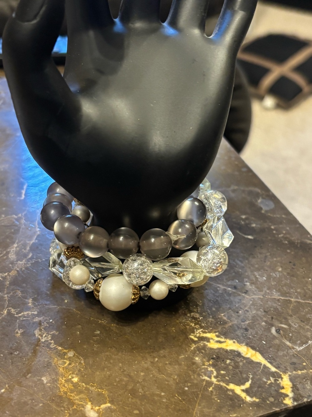 3 separate bracelets Gray and Clear Beaded Stretch Bracelet Stack